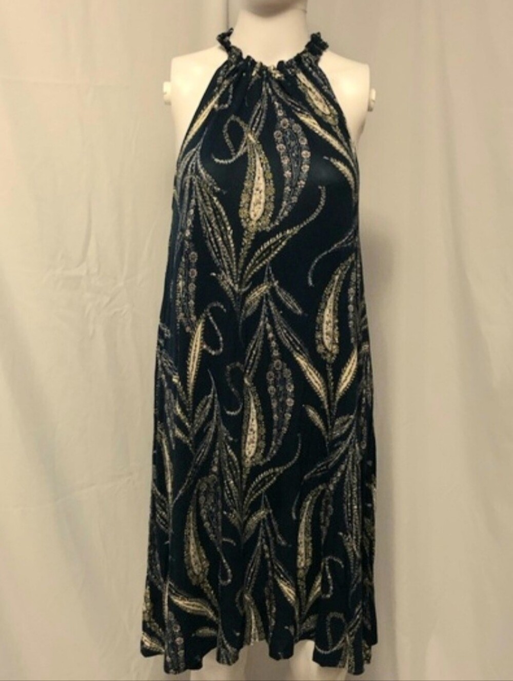 LOFT Navy Halter Midi Dress with Gold Leaf Print